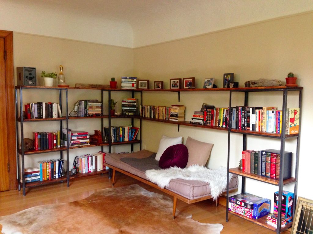 The long shelves were supported by some shelf brackets.